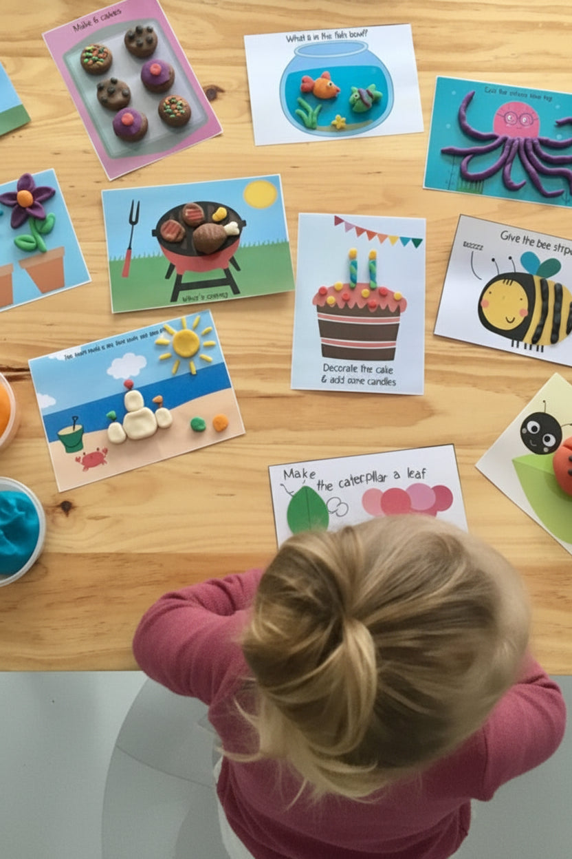 Children's playdough activity cards on a wooden table with a child interacting with them.
