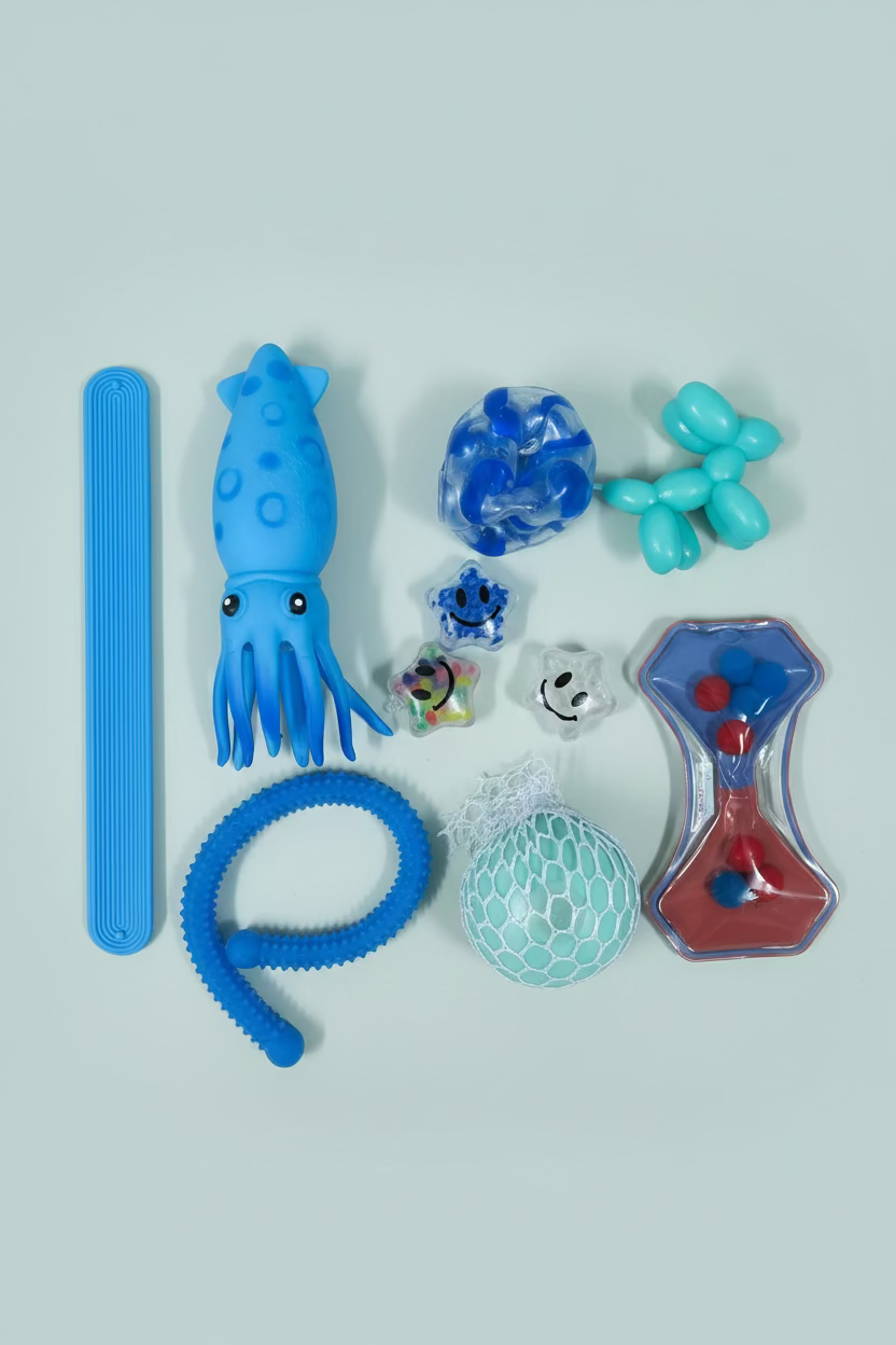 different sensory toys in a pack colour blue