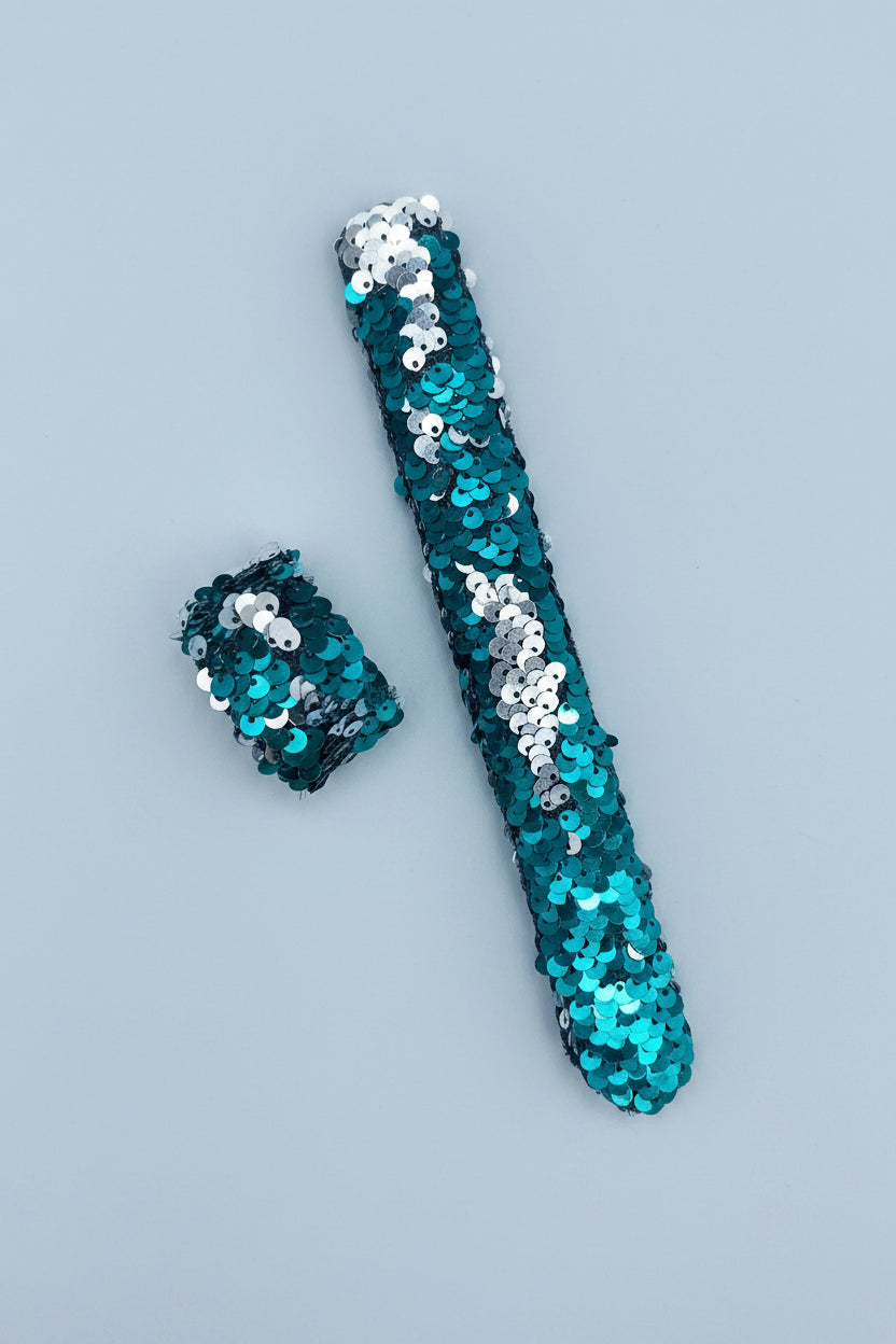 Teal and silver sequined slap bands sensory toy  
