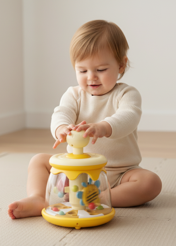 Baby press toy with spinning bugs