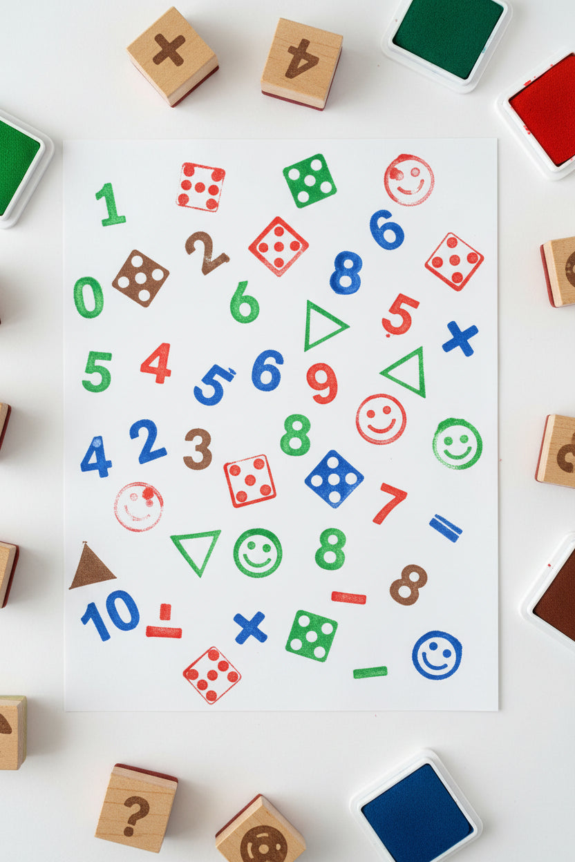 Wooden stamps with numbers, dots, and shapes 
