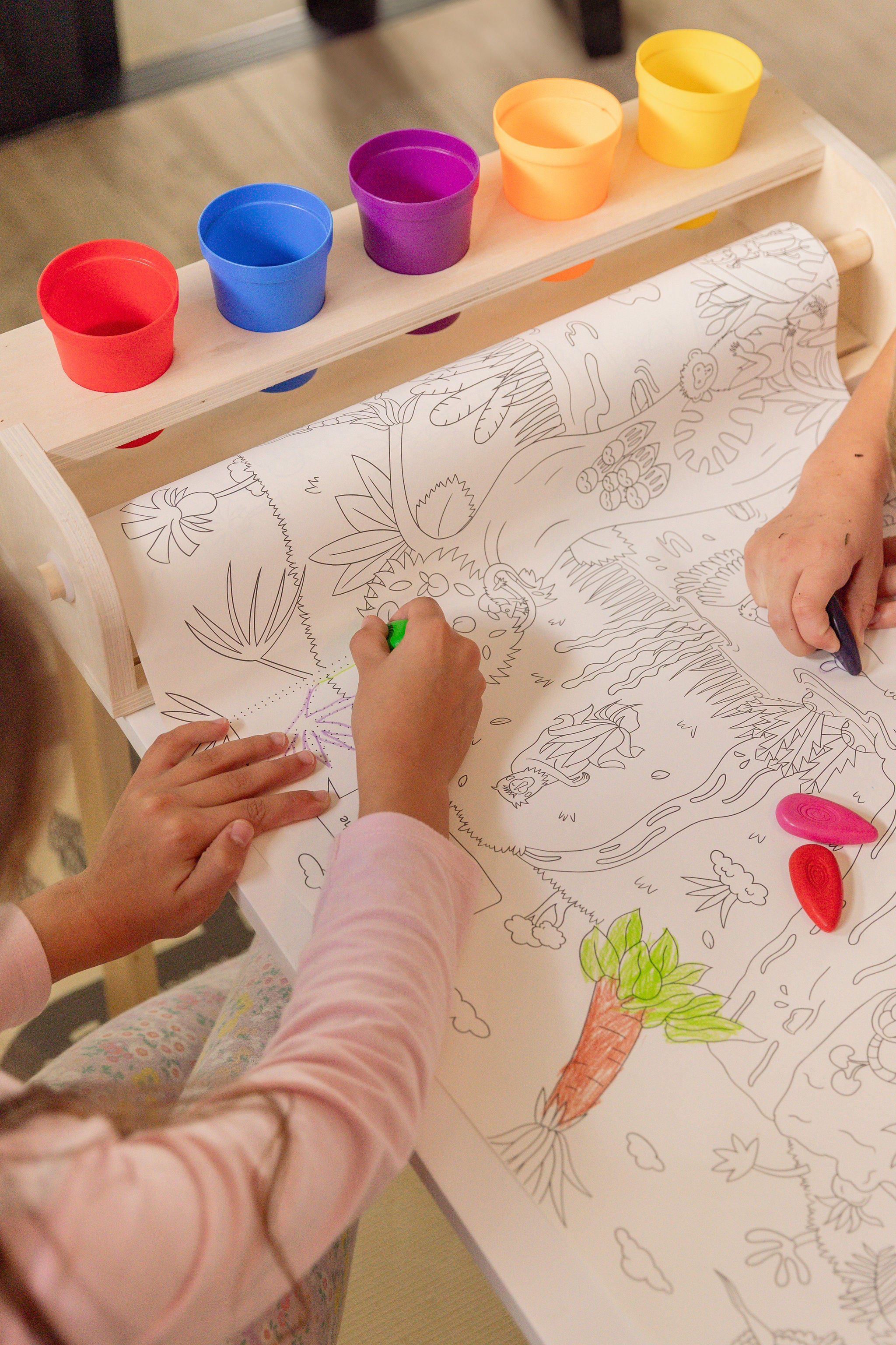 Wooden tabletop paper dispenser for kids art and drawing