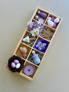 Montessori inspired tinker tray for open ended play with bunnies