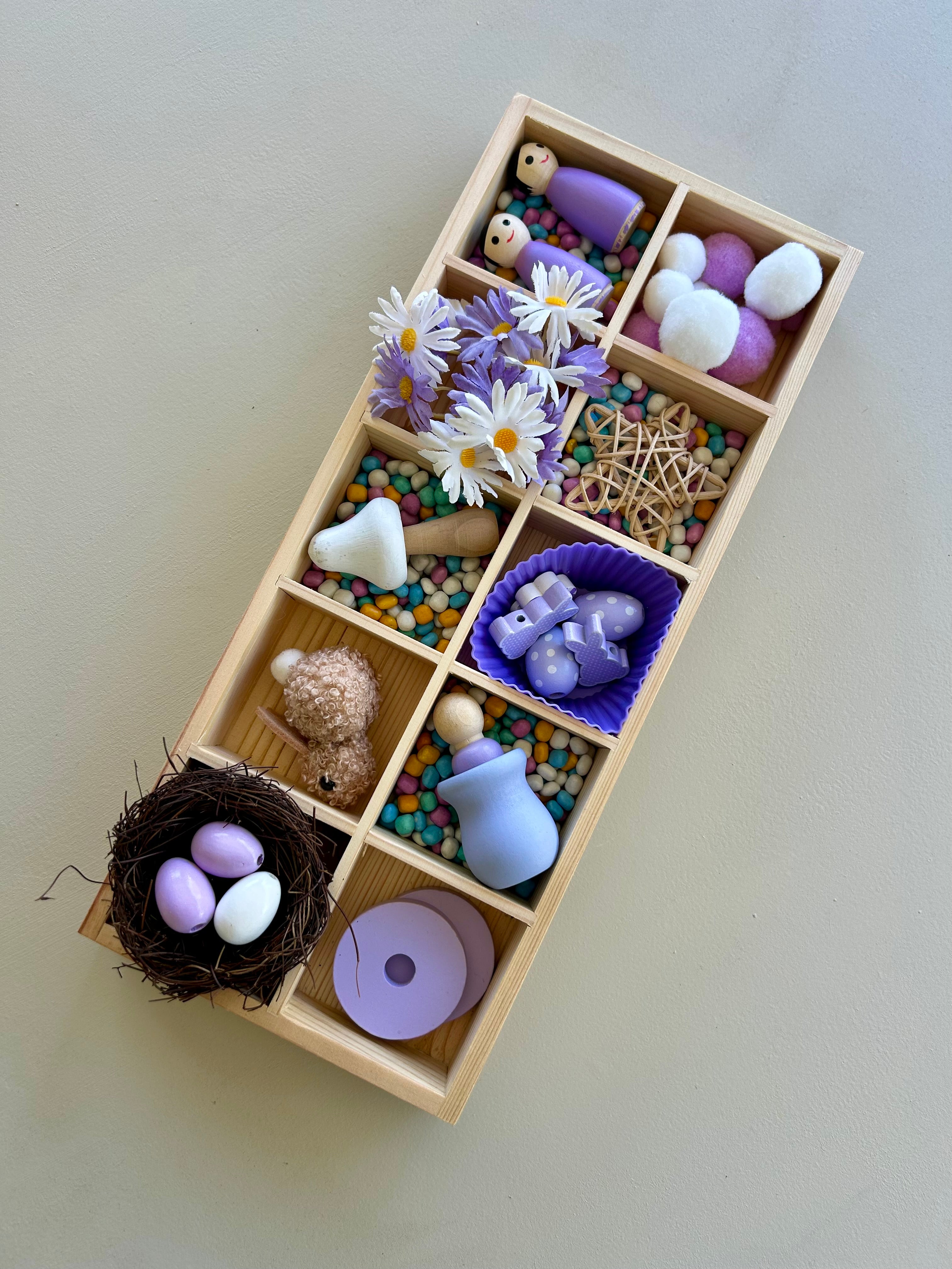 Montessori inspired tinker tray for open ended play with bunnies