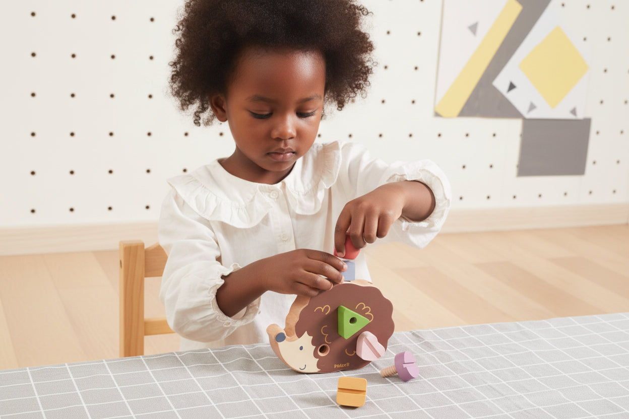 wooden screws and screwdriver hedgehog for fine motor development. big screws, perfect for small hands
