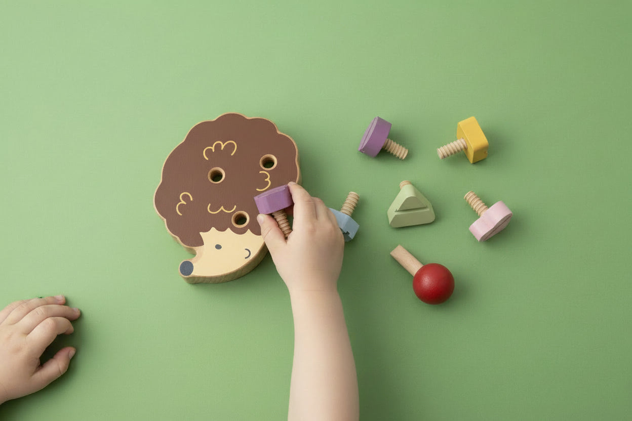 wooden hedgehog with colourful wooden screws and screwdriver