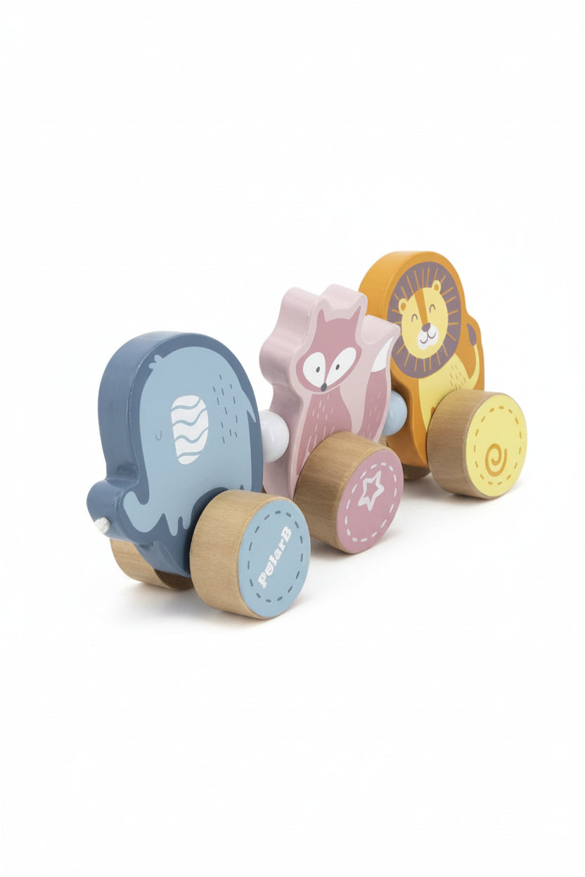 A wooden toy train set with three animal-shaped cars: a blue whale, a pink fox, and a yellow lion. The image includes dimension lines showing the product's measurements: 100mm in height, 225mm in length, and 37mm in width, on a plain white background.