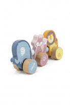A wooden toy train set with three animal-shaped cars: a blue whale, a pink fox, and a yellow lion. The image includes dimension lines showing the product's measurements: 100mm in height, 225mm in length, and 37mm in width, on a plain white background.