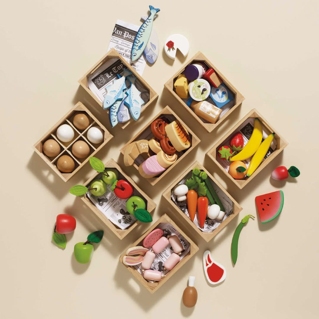 Wooden pretend play food crates for kids