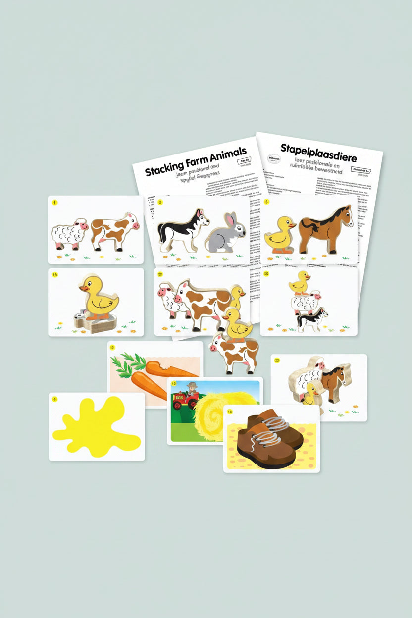 A set of children's farm-themed cards and worksheets shown on a white background. The cards feature illustrated farm animals such as cows, ducks, a rabbit, and a horse, along with simple scenes like carrots, hay, and shoes.