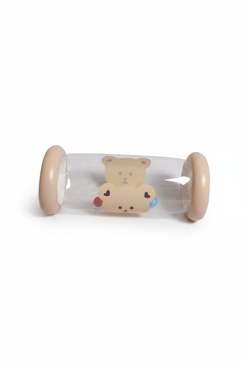 A clear plastic baby toy tunnel with beige circular ends and a cute cartoon bear printed in the center, shown on a plain white background.