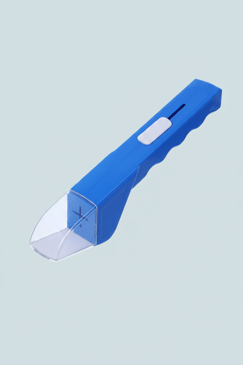 Blue handheld bug catcher shown against a plain white background, front-facing view