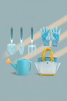 a set of gardening tools layed out in a flatlay 