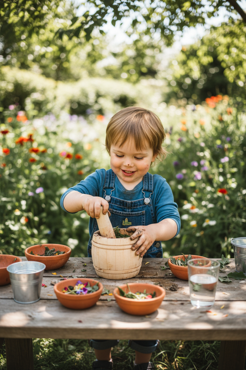 A child using the wooden pestle to grind or pound ingredients inside the mortar bowl.