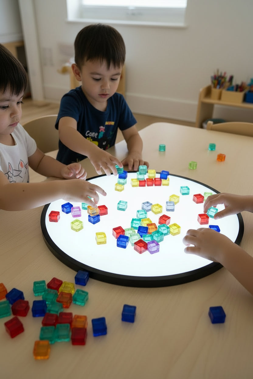 children playing with blocks on lightbox