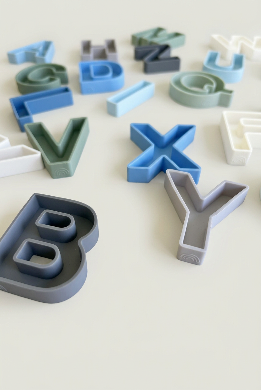 A set of colorful letter-shaped silicone letters in various pastel shades of blue, mint green, lavender, and gray, arranged on a light beige textured surface.