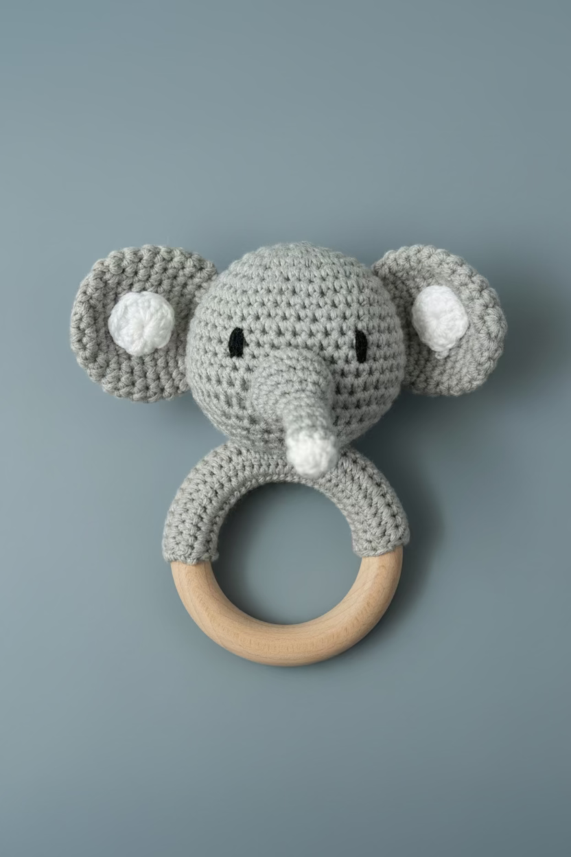 A handmade crocheted elephant rattle with a natural wooden ring handle, resting on a light-colored wooden surface.