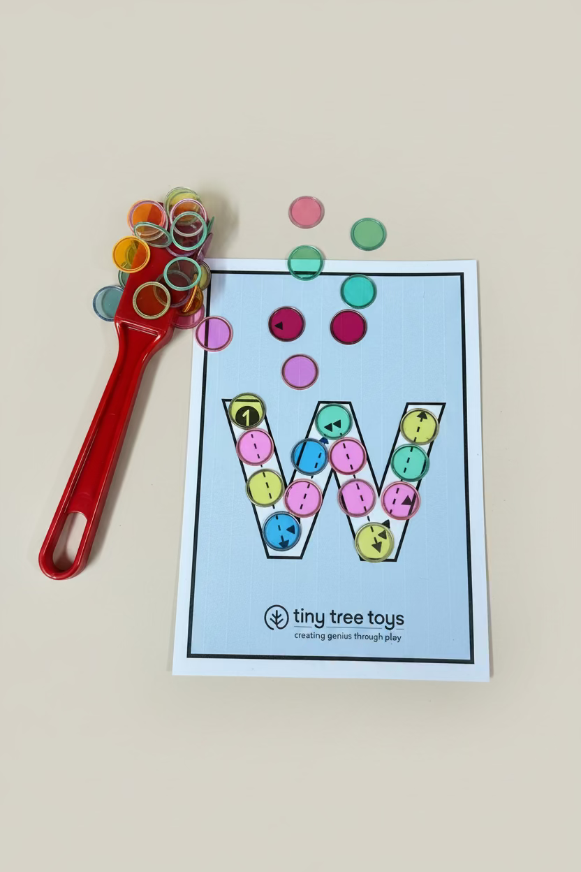 A children's letter learning game card featuring the letter 'W' filled with colorful buttons, shown on a light wood tabletop next to a red spoon holding more colorful buttons. The brand 'tiny tree toys' is printed at the bottom of the card.