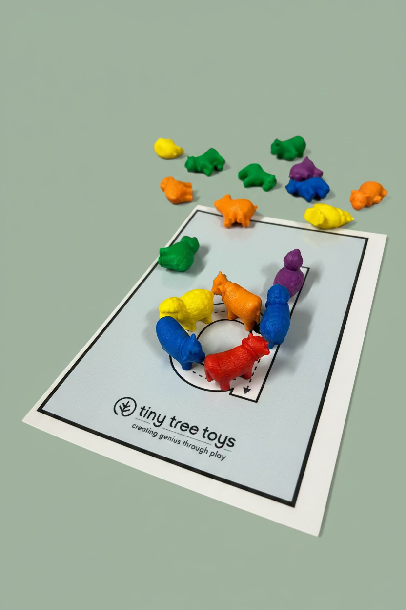 A set of small, colorful animal-shaped toy figures arranged on a printed activity card, with additional toy figures scattered on a wooden tabletop. The card shows the brand name 'tiny tree toys'.