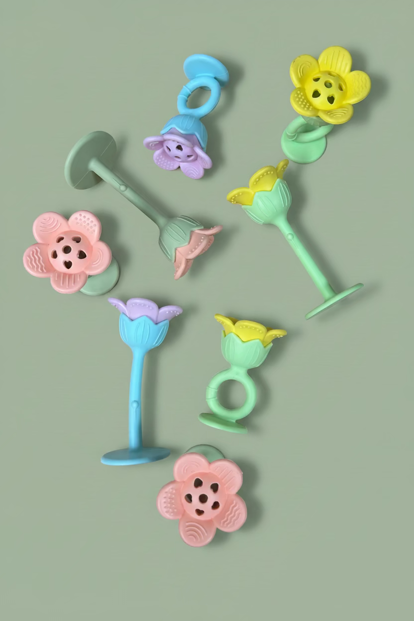 A set of colorful baby teething toys with flower and mushroom designs, arranged on a light brown wooden surface.