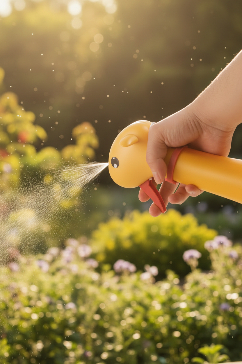 Tiny hand holding bottle and spraying on plants outside 