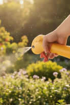 Tiny hand holding bottle and spraying on plants outside 