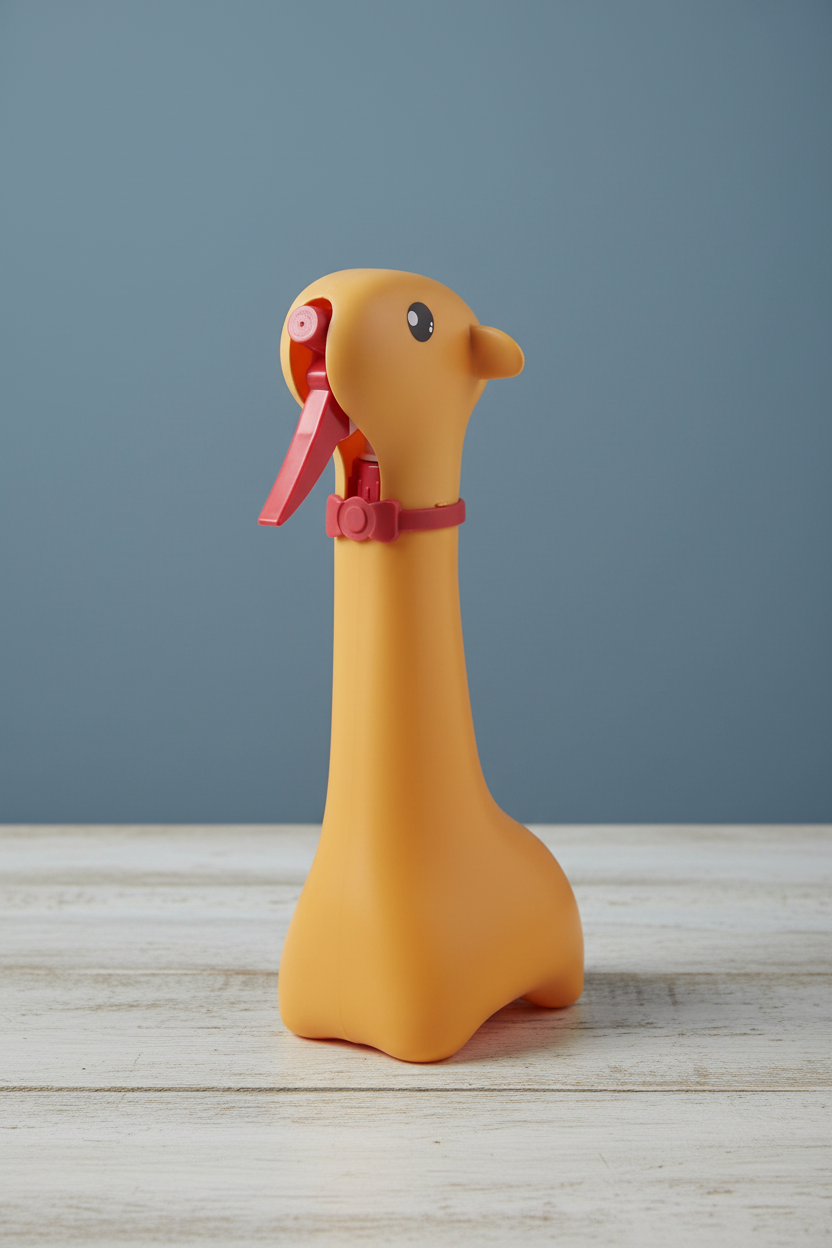giraffe water spray bottle on table with blue background