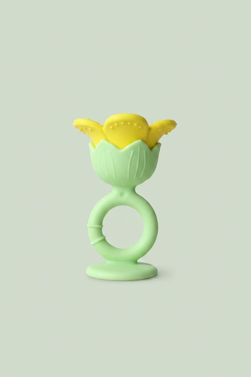 A baby teether toy with a light green silicone ring handle and a yellow flower-shaped silicone nibbler on top, resting on a light-colored wooden surface.