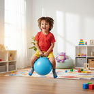 child hopping on blue hopper ball indoor
