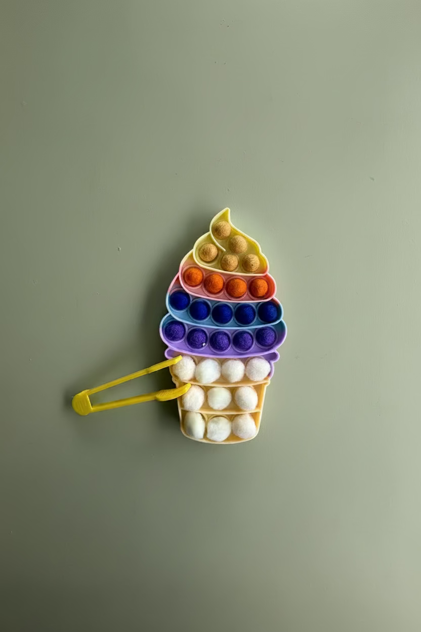 A colourful ice cream cone-shaped pop-it toy with a yellow handle, featuring rows of colorful bubbles on a light blue background.