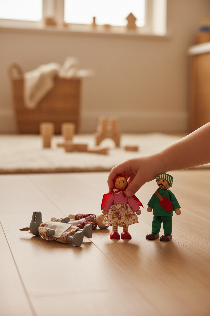 Child playing with the Little Red Riding Hood doll set, acting out the story