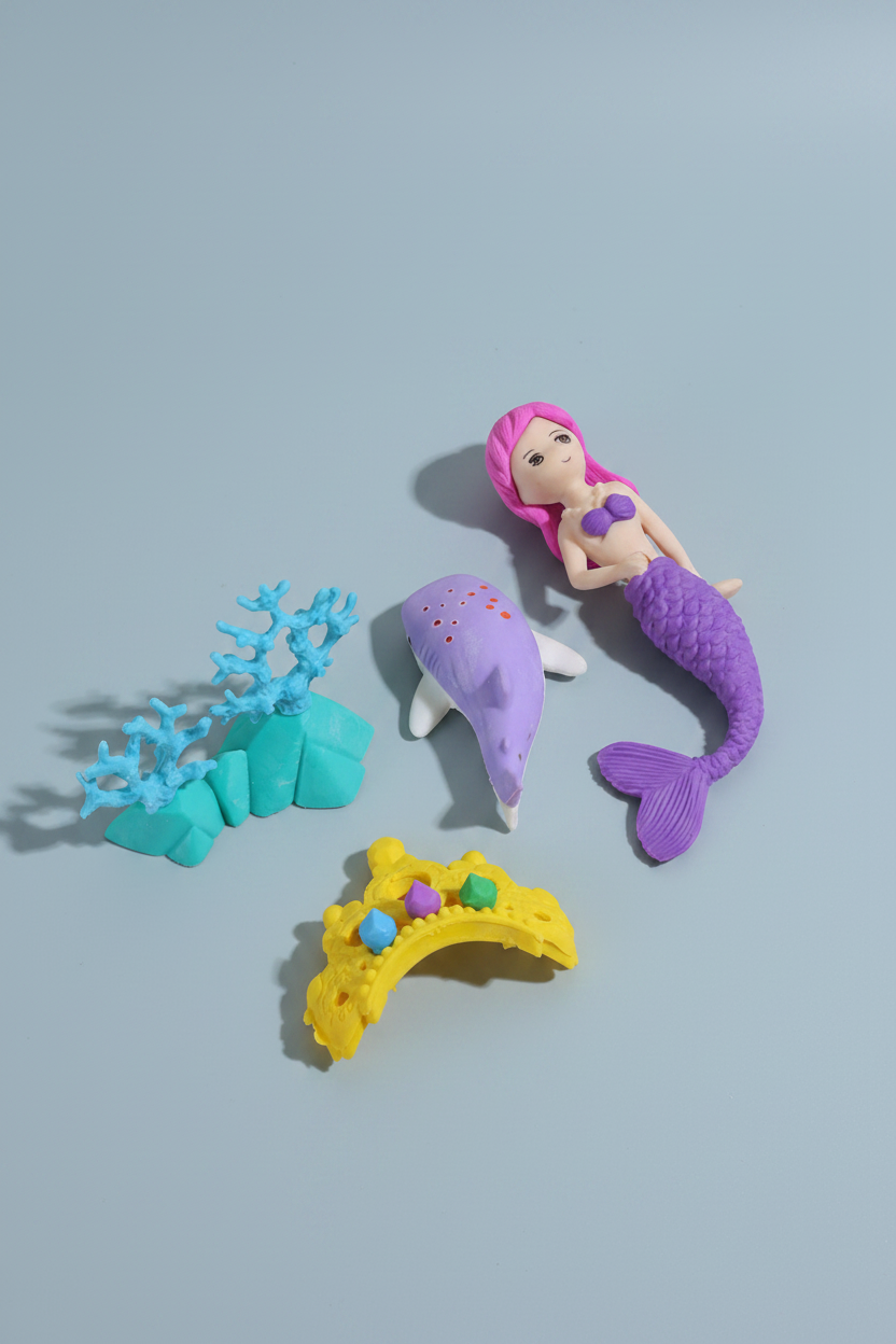 A mermaid-themed toy set on a pink background, including a mermaid figure with a purple tail and pink hair, a purple dolphin, turquoise coral, a yellow arch bridge, and a small multicolored shell.
