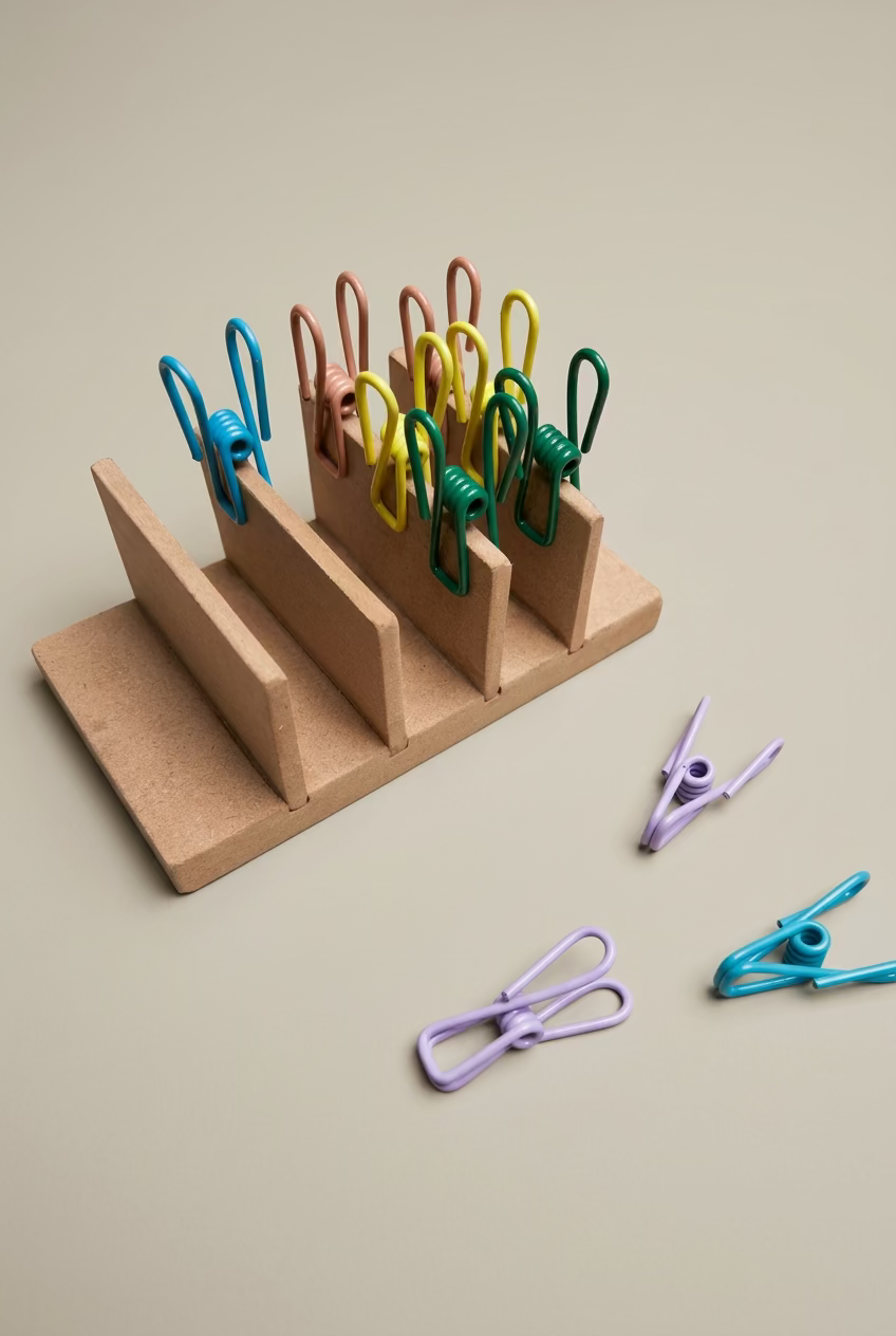 A small wooden stand with wire pegs on nutral back ground