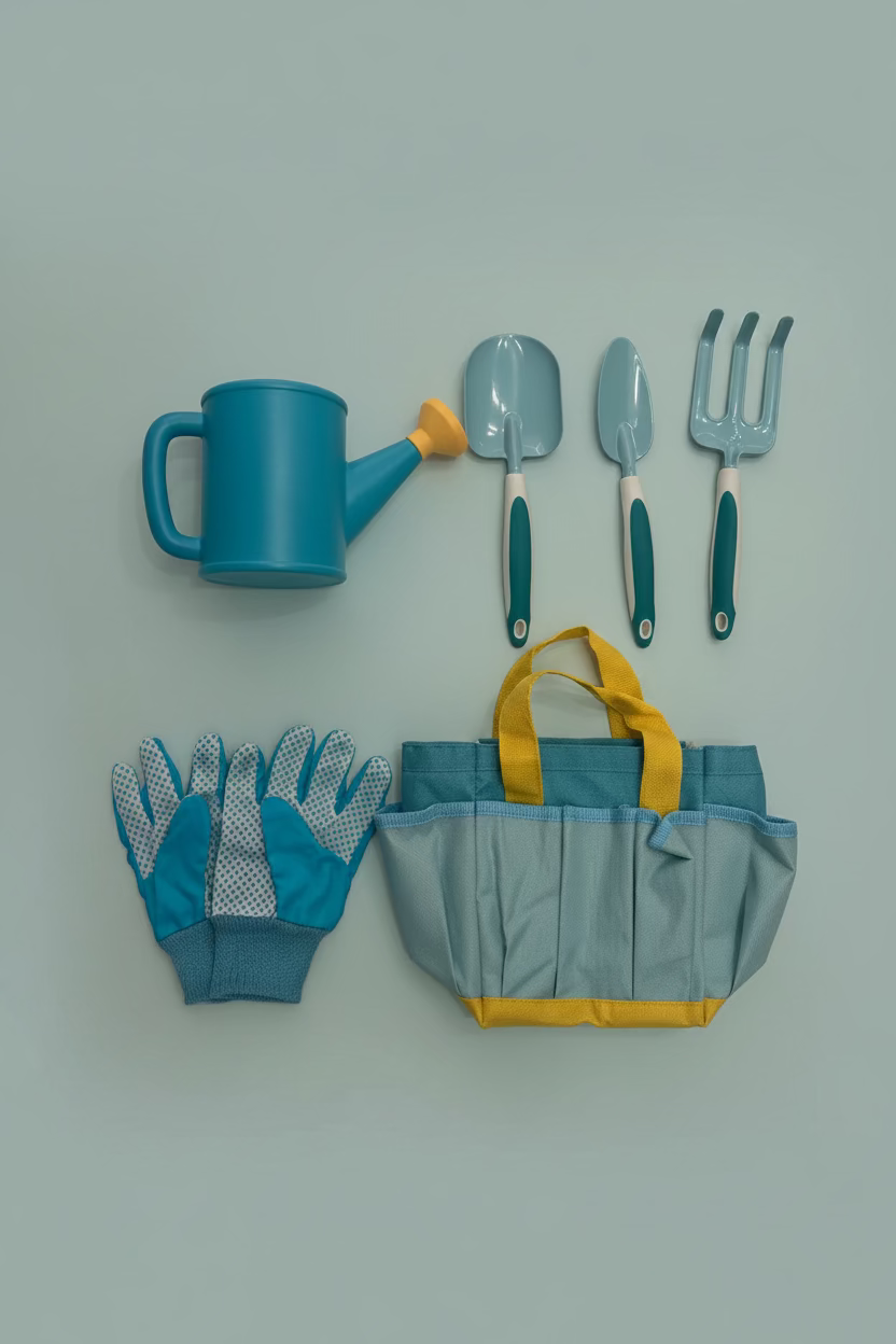flatlay of gardening set on blue