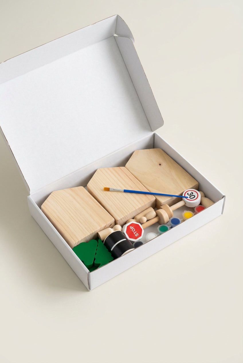 A wooden toy construction set inside an open white box, featuring light wood blocks, a small brush, colorful paint pots, and green tree pieces on a beige surface.