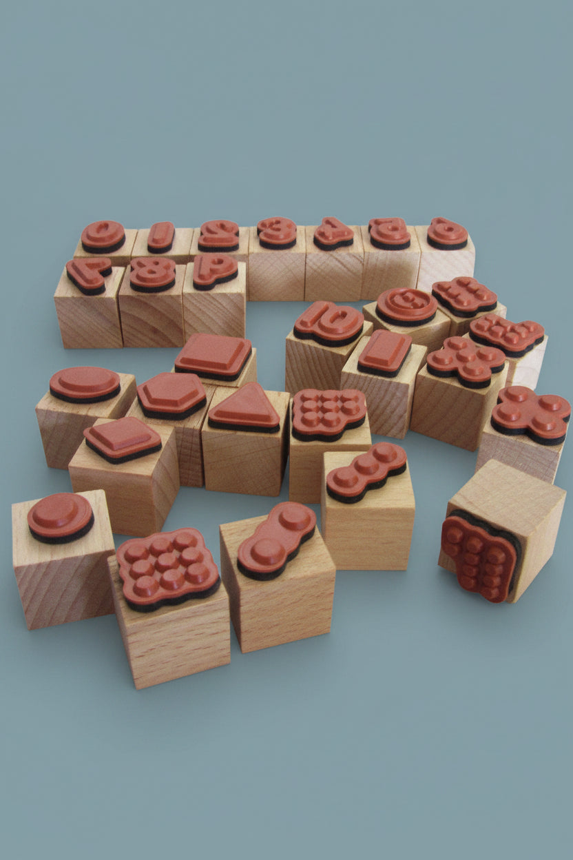 Set of wooden blocks with red stamp-like designs numbers, dots and shapers