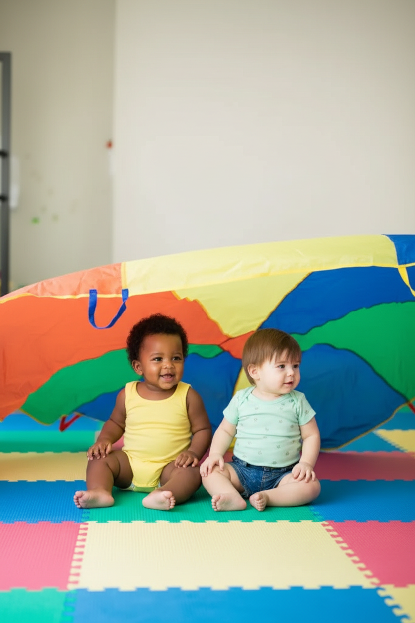 A toddler sits cross-legged under a large, colorful parachute play tent made of segmented fabric panels in blue, green, orange, and yellow, set on a multi-colored foam play mat.