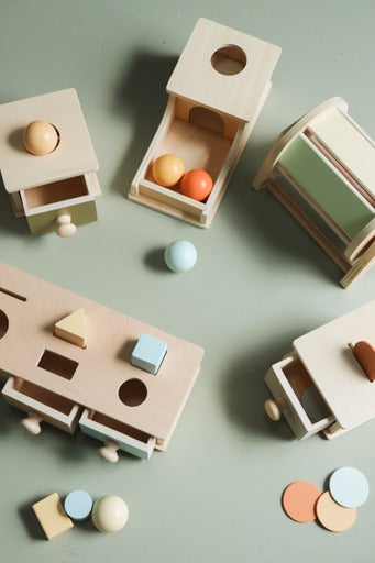 Pastel Montessori wooden toy collection for babies - ball posting, coin posting, drum, drawer sorter and bundle - Tiny Tree Toys South Africa