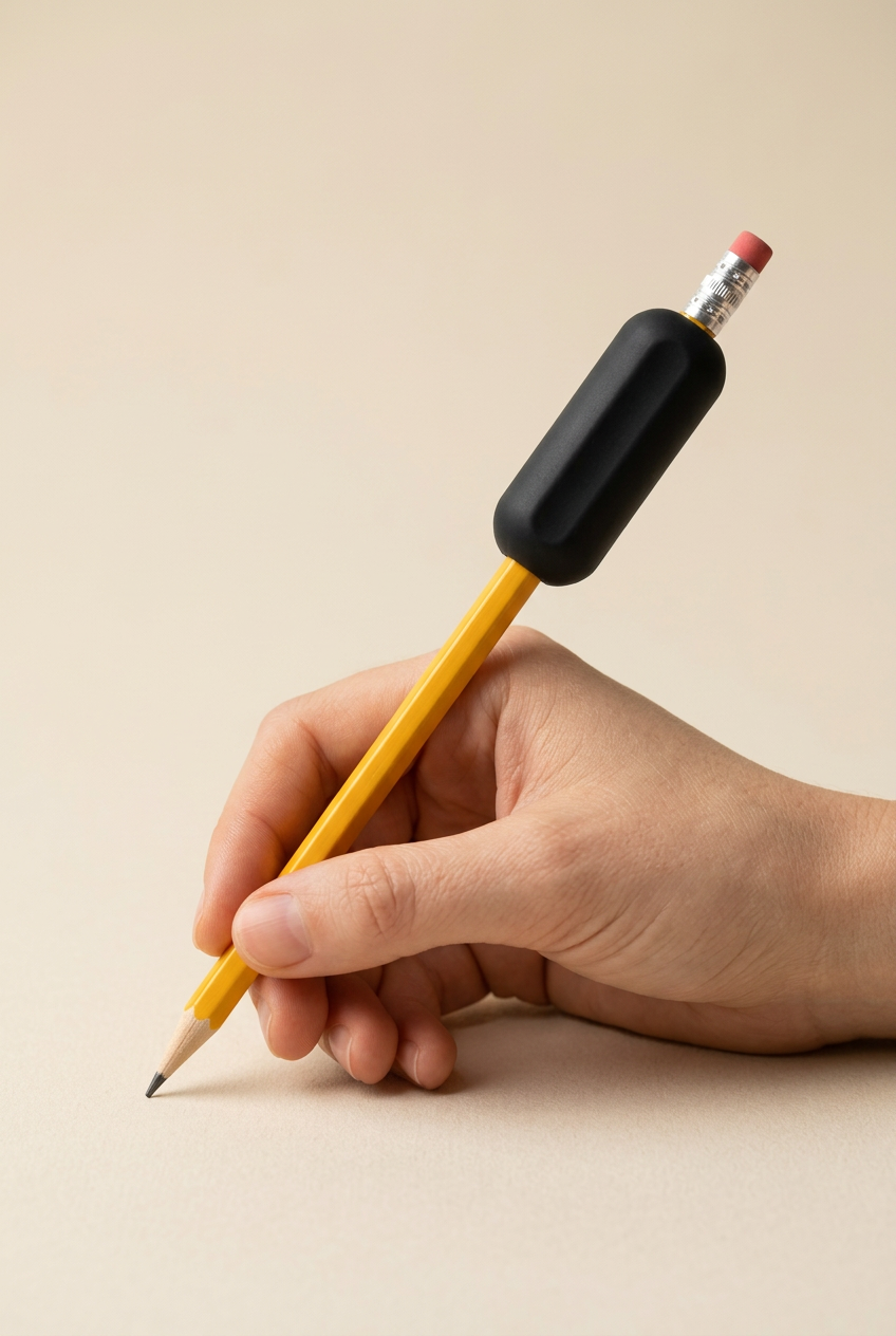 hand holding a pencil with a black weight at the back of the pencil