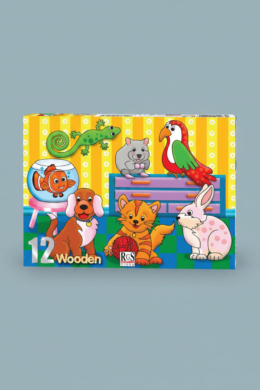 A colorful 12-piece wooden jigsaw puzzle box featuring cartoon animals including a green lizard, parrot, dog, cat, rabbit, and fish, with the text '12 Wooden' and the RGS Learning Systems logo.