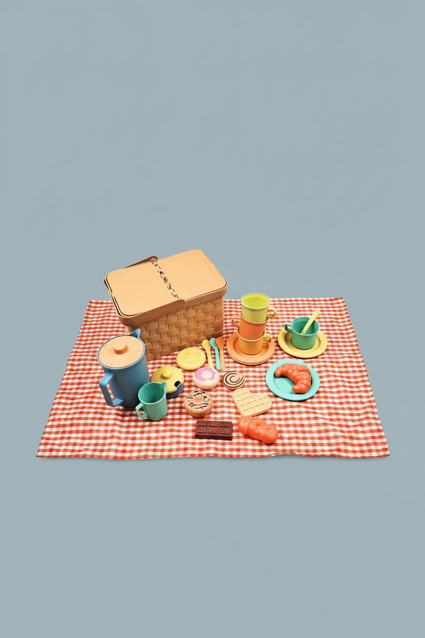 Miniature picnic set with a basket, cups, plates, and food items on a red and white checkered cloth.
