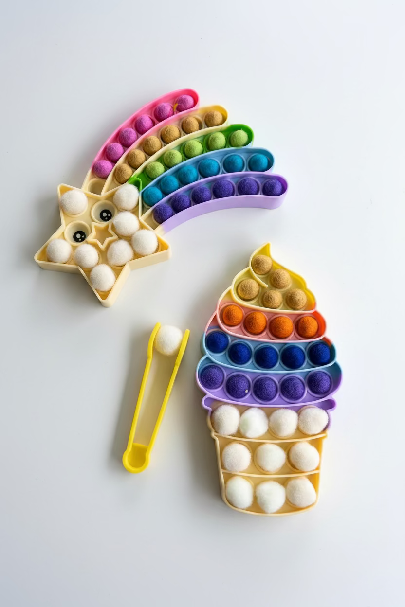 A colorful sensory toy set on a muted blue-gray background, featuring a rainbow-shaped pop-it toy, a star-shaped pop-it toy with googly eyes, a cupcake-shaped pop-it toy, and a pair of yellow tongs.