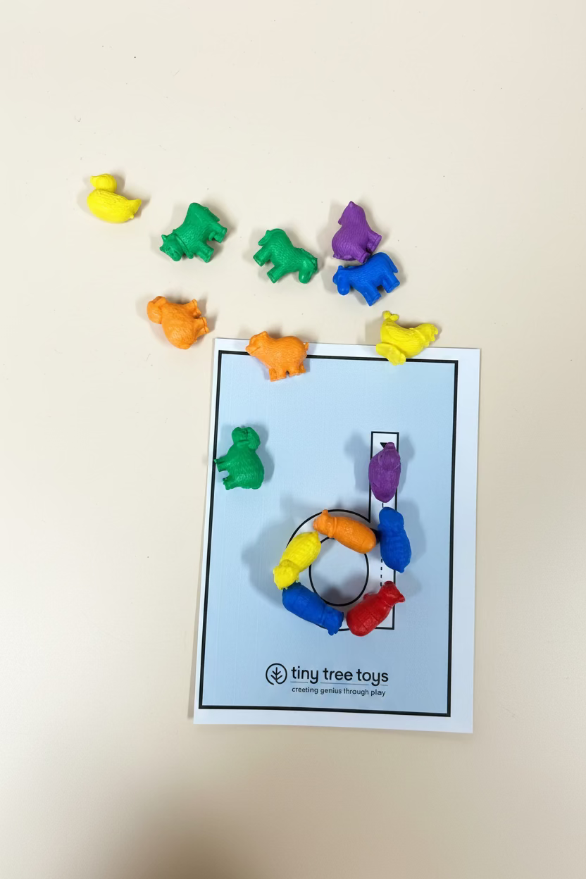 A set of small, colorful animal-shaped toy pieces arranged on a wooden surface around a printed card. The cards are white with black outlines and the brand name 'tiny tree toys' printed at the bottom.