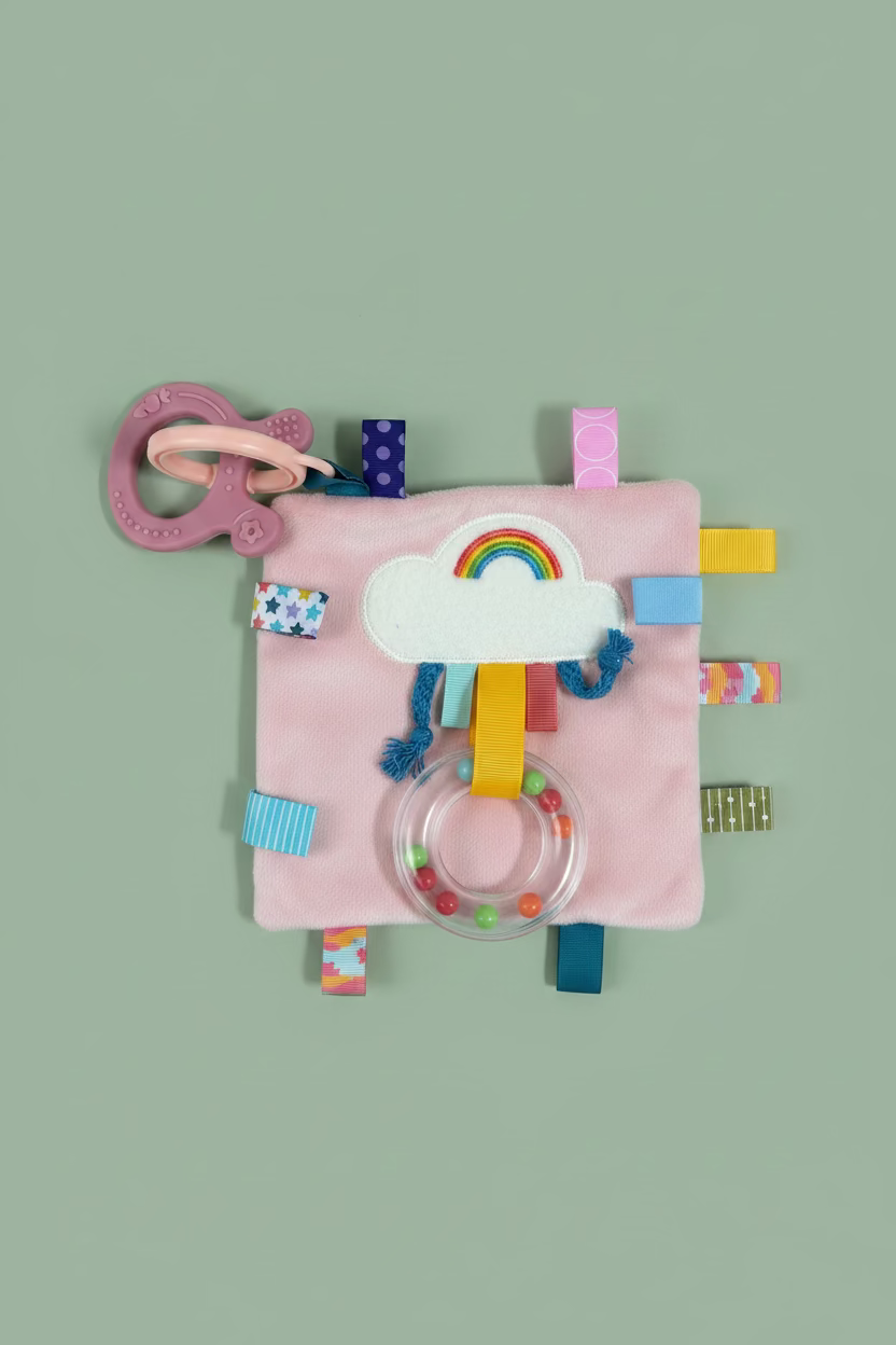 A pink textured baby sensory activity book with a cloud applique, colorful fabric tabs, and a clear plastic rattle, laid flat on a light wood surface.