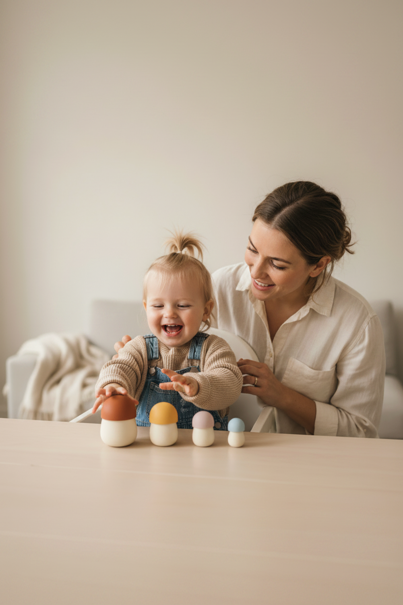 mom and baby play with mushrooms
