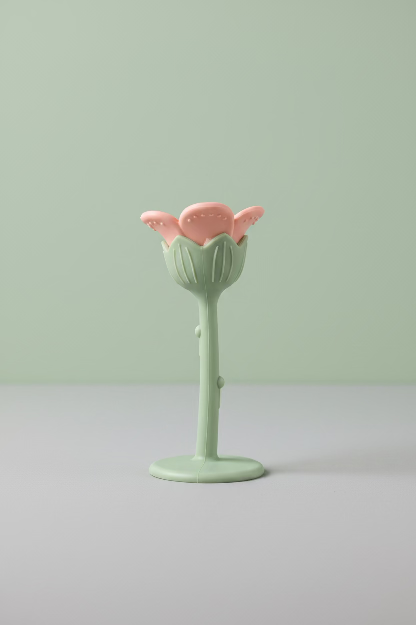 A small flower-shaped silicone teether with a pale green stem and base, and a pink flower head, placed on a light wood surface.