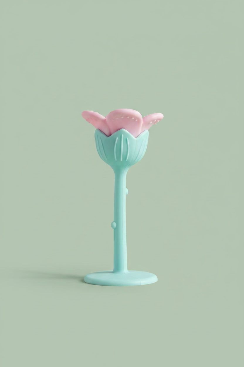 A pastel-colored flower-shaped silicone teether, featuring a light blue stem and base with a pink flower head, resting on a wooden surface.