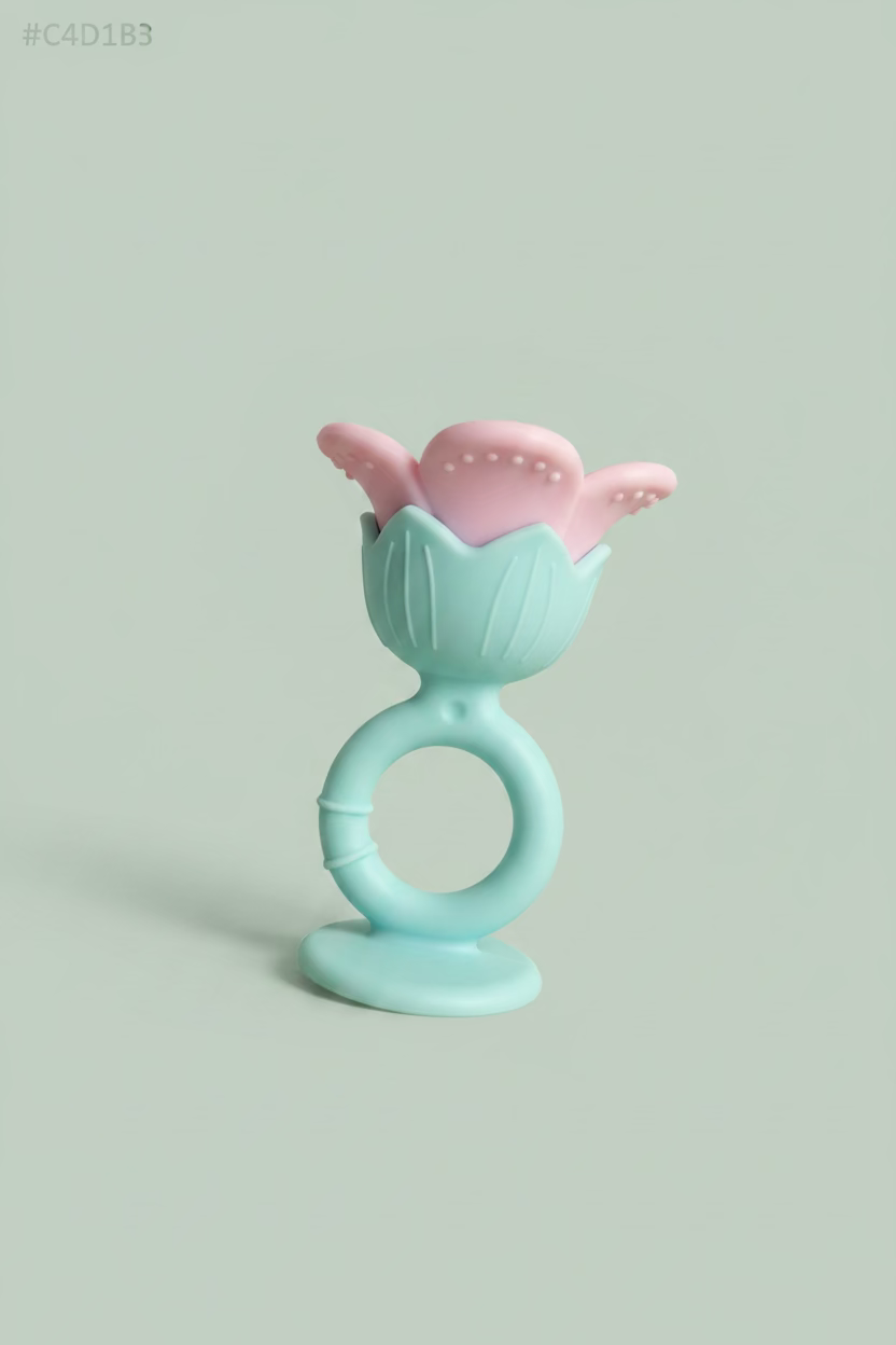 A baby teether toy with a light blue suction base and ring handle, featuring a pink flower-shaped top, placed on a light wooden surface.