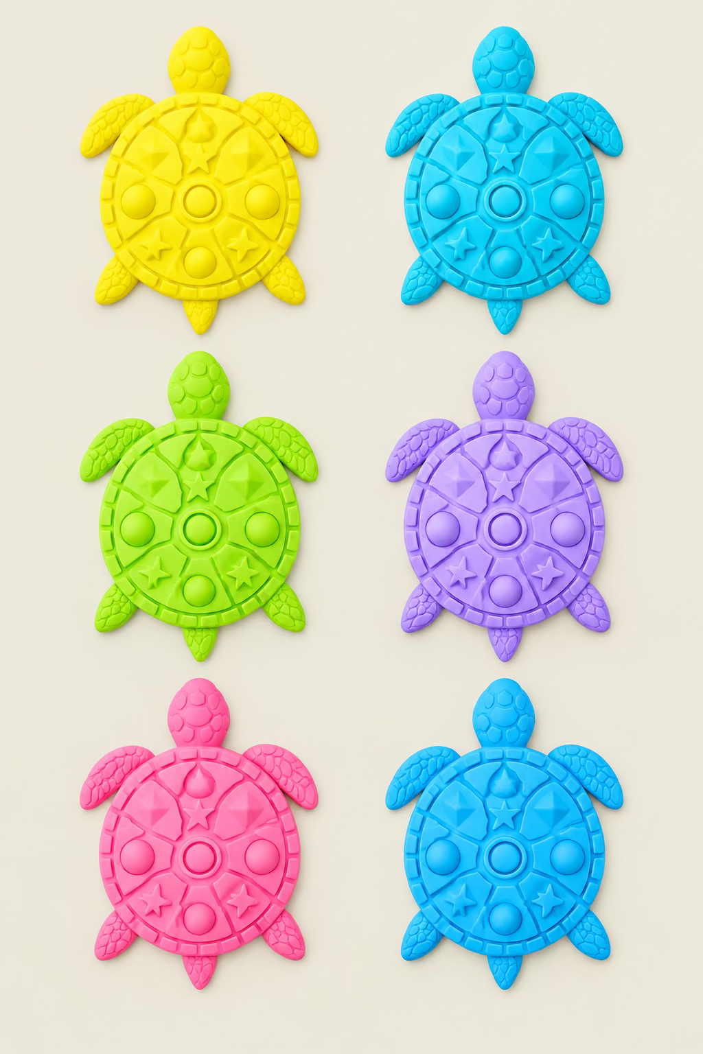 Six turtle-shaped silicone stepping stones  in yellow, light blue, lime green, purple, pink, and light blue, arranged on a light wood surface.