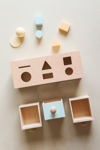 Pastel wooden 3 drawer shape sorter - Montessori colour sorting and fine motor toy for toddlers - Tiny Tree Toys South Africa
